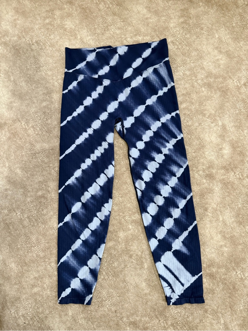 PINK Active Blue Tie Dye Ribbed High Waist Cropped Leggings Medium